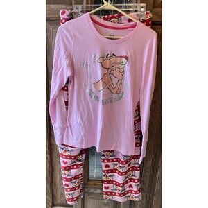 Pink Panther Women's 2 Piece Set Pajama Top & Pants Size M Pink & Red Fleece GUC